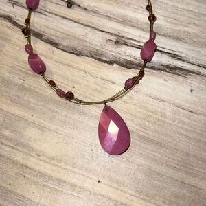 Pink Beaded Tear Drop Wire Wrapped Necklace